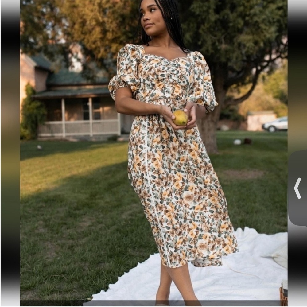 Ivy City Co. Marigold Floral Print Puff Sleeve Midi Dress Size Small